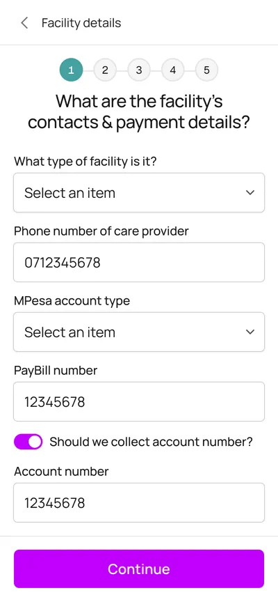 Facility details: facility type, the care provider's phone number, M-Pesa account type, Paybill number and an optional account number