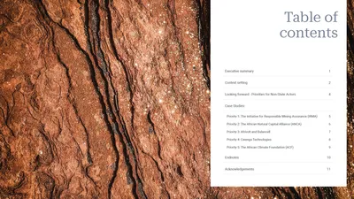 Table of contents opposite a close-up of cracked red earth