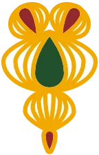 Mandala detail: a gold ornament with a green teardrop centre
