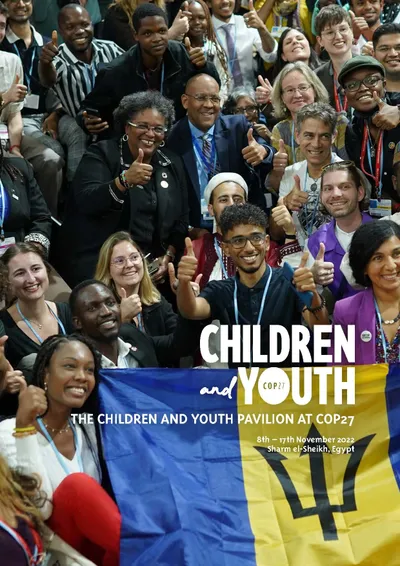 Report cover: a crowd of young delegates at the pavilion under the Children & Youth logo and the title 'The Children and Youth Pavilion at COP27'