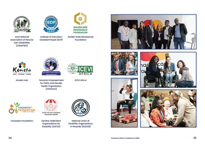 Pages 34–35: partner organisation logos and a grid of conference photos