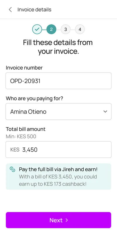 Invoice details: invoice number, who you are paying for, a KES 3,450 bill and a note that it could earn up to KES 173 cashback