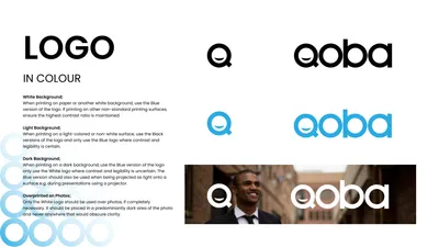 Qoba logo in colour: black, blue and reversed versions