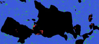 A built-up agreement map for Karura: the forest is black, the surrounding area is mostly blue, with a few small green and red patches