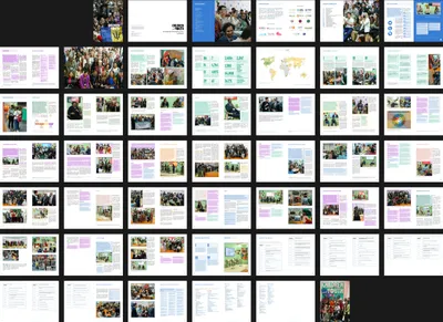 Every page of the report laid out as a grid of thumbnails, showing the colour coding by thematic area