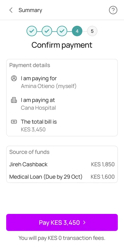 Confirm payment: paying for Amina Otieno at Cana Hospital, KES 3,450, from KES 1,850 cashback and a KES 1,600 loan due 29 Oct