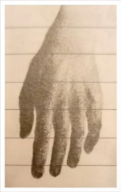 Pencil drawing of a hand on lined notebook paper
