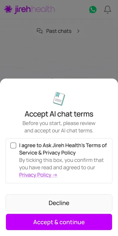 Accept AI chat terms: a checkbox agreeing to Ask Jireh Health's Terms of Service and Privacy Policy, with Decline and Accept and continue buttons