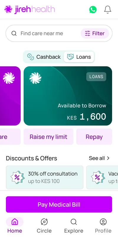 Home with the Loans card selected: KES 1,600 available to borrow, Raise my limit and Repay buttons