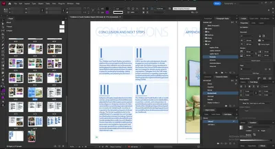 The report open in Adobe InDesign, showing the Conclusion and Next Steps spread with the page thumbnails and paragraph styles panels