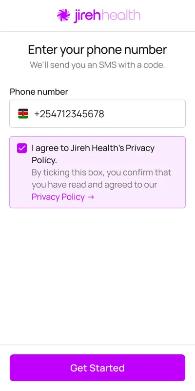 Enter your phone number: a Kenyan number field and a ticked checkbox agreeing to Jireh Health's Privacy Policy
