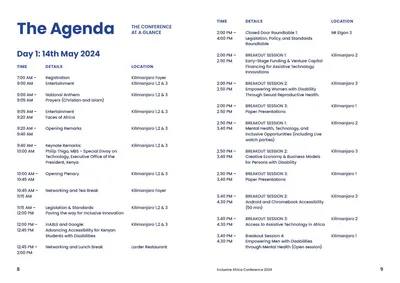 Pages 8–9: the day-one agenda set as a timetable of times, sessions and locations