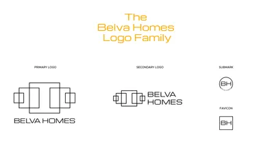 The Belva Homes logo family: primary and secondary logos, submark and favicon