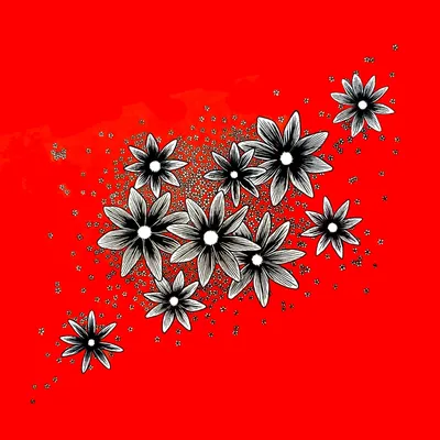 Black and white star-shaped flowers scattered across a bright red background