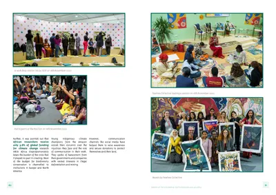 Photo spread of performances and discussions at the pavilion, with captions