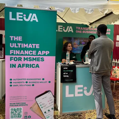 Leja exhibition stand with a pull-up banner: ‘The ultimate finance app for MSMEs in Africa’
