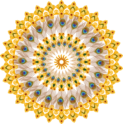 Large mandala in gold, amber and deep brown, built from rings of peacock feathers and ornate petals