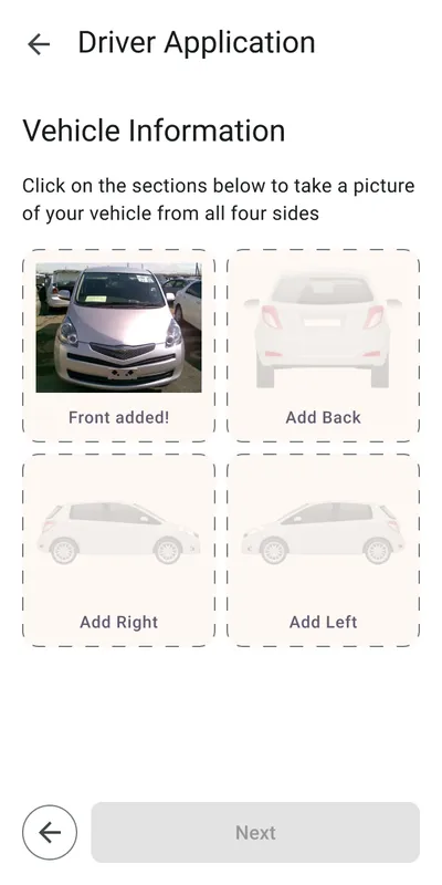 CarNayo driver application: photos of the vehicle