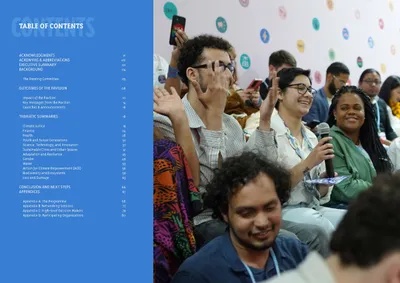 Table of contents set over a blue-tinted photo of young delegates