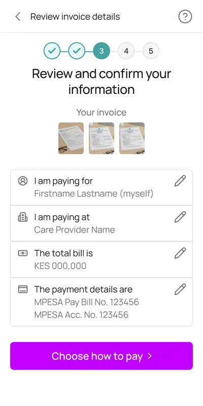 Review invoice details: the invoice pages, who you are paying for, the facility, the total bill and the M-Pesa payment details, each with an edit button