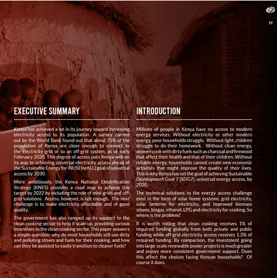 Executive summary and introduction in two columns on a dark page, with a photo of glowing embers