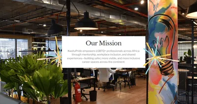 KWETU Pride ‘Our Mission’ section over a photo of a plant-filled workspace with a mural