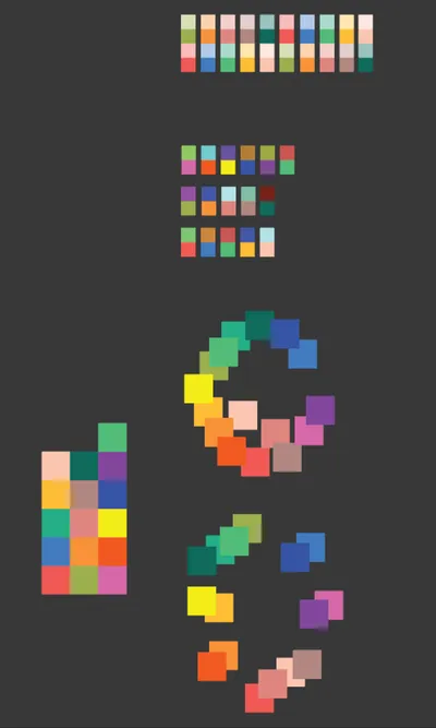 Colour studies: the brand palette sorted into rows of swatches and arranged in colour wheels
