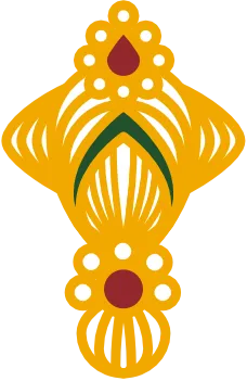 Mandala detail: an ornate gold teardrop ornament