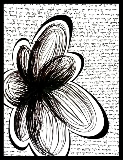 Black ink flower drawn over a background of handwritten script