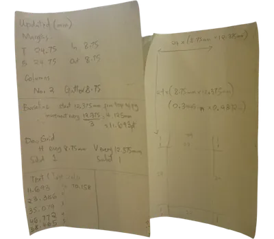 Handwritten notes working out the margins, columns, gutters, baseline grid and type scale in millimetres