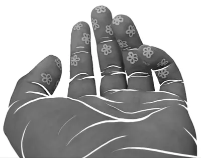 Grey illustration of an open hand decorated with small flower patterns