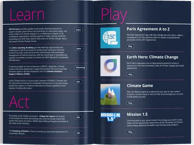 Conference programme mockup: the Learn, Play and Act spread