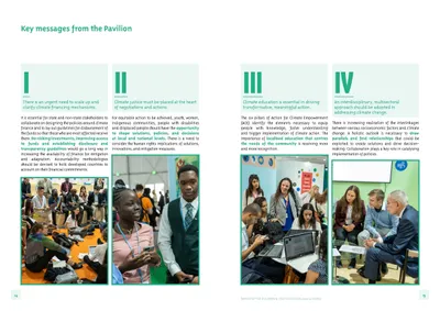 Key messages from the pavilion: four numbered messages, I to IV, each above a photo