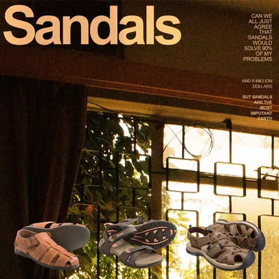 Poster: 'Sandals' above a photo of three pairs of sandals by a sunlit window