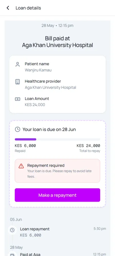 Loan details with repaid vs total and an overdue warning with a repay button