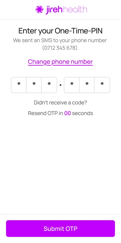 Enter your One-Time-PIN: six code boxes, a link to change the phone number and a resend countdown