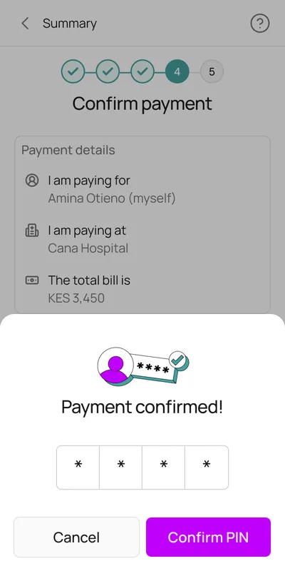 PIN sheet over the payment summary, with Cancel and Confirm PIN buttons