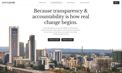 KWETU Pride website home: ‘Because transparency & accountability is how real change begins’ over a Nairobi skyline