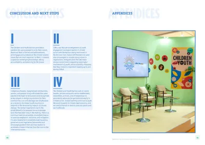 Conclusion and next steps, four numbered points on pale blue panels, opposite the Appendices opener