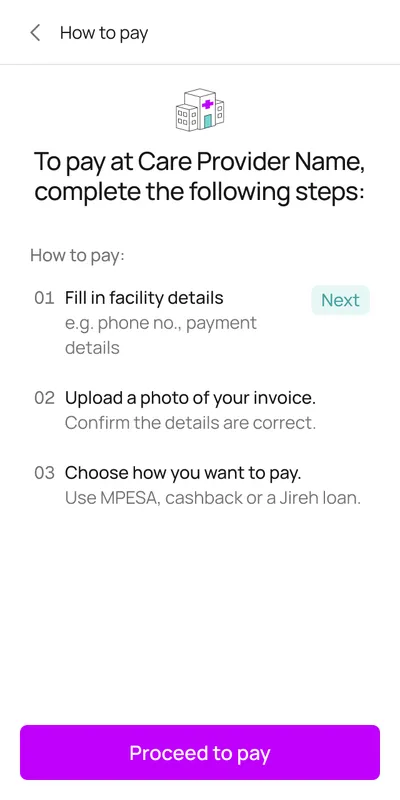 How to pay: three steps to pay at a care provider, fill in facility details, upload a photo of your invoice, and choose how you want to pay
