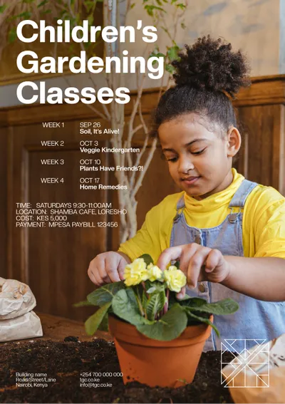 Herbivore Garden Center poster: Children's Gardening Classes, with a girl potting a plant