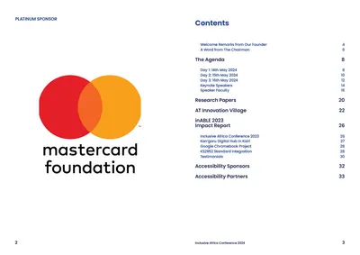 Pages 2–3: Mastercard Foundation platinum sponsor page and the table of contents