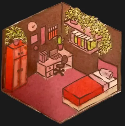 Isometric illustration of a cosy bedroom in reds and pinks, with plants, a wardrobe and a desk