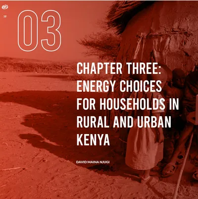 Chapter three opener, 'Energy choices for households in rural and urban Kenya', over a red-tinted photo