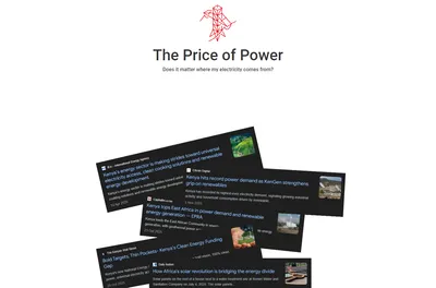 Preview of the Price of Power dashboard: the title, and a collage of 2025 news headlines about Kenya's energy sector