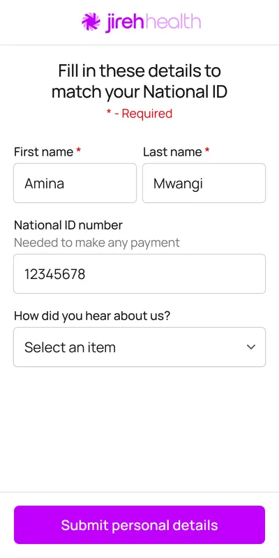 Fill in these details to match your National ID: first and last name (required), National ID number and how you heard about us