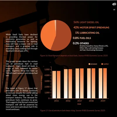 Dark page with a pie chart of petroleum product demand by type and a bar chart of demand against supply