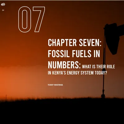 Chapter seven opener, 'Fossil fuels in numbers: what is their role in Kenya's energy system today?', over an orange sunset photo