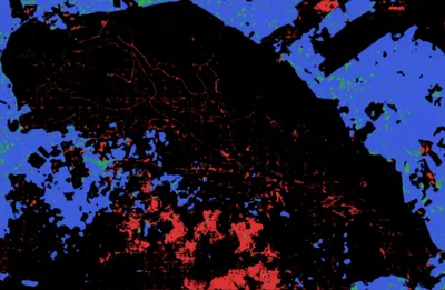 A built-up agreement map for Nairobi National Park: large blue areas around the edges, red patches in the south, almost no green