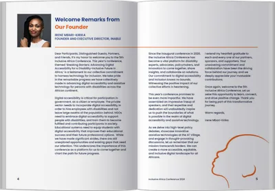 The booklet open on the founder's welcome remarks